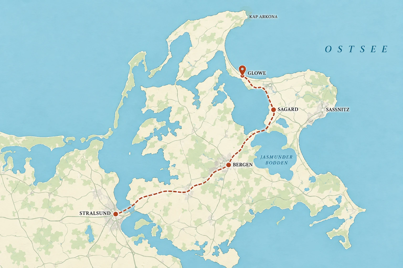Karte von Rügen: Anreise von Stralsund über Bergen und Sagard nach Glowe an der Nordküste, außerdem eingezeichnet Kap Arkona, Sassnitz und der Jasmunder Bodden