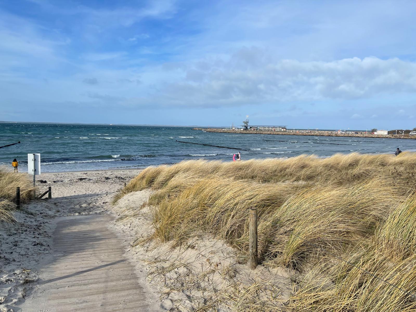 Weg durch die Dünen mit Strandhafer zum hellen Sandstrand, dahinter die Ostsee und eine Mole am Horizont