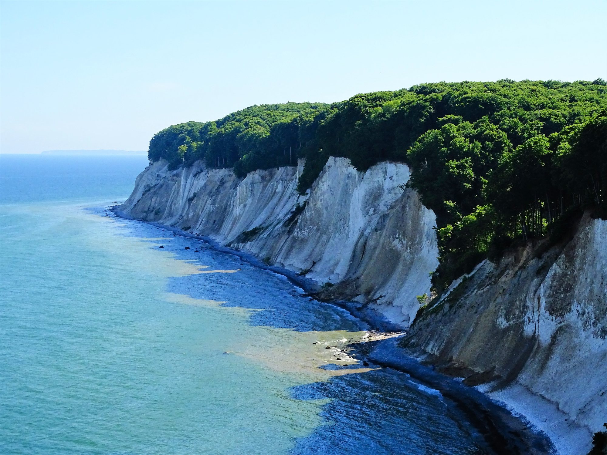 Weiße Kreidefelsen mit grünem Buchenwald darüber, unten die türkisblaue Ostsee — die Kreideküste im Nationalpark Jasmund